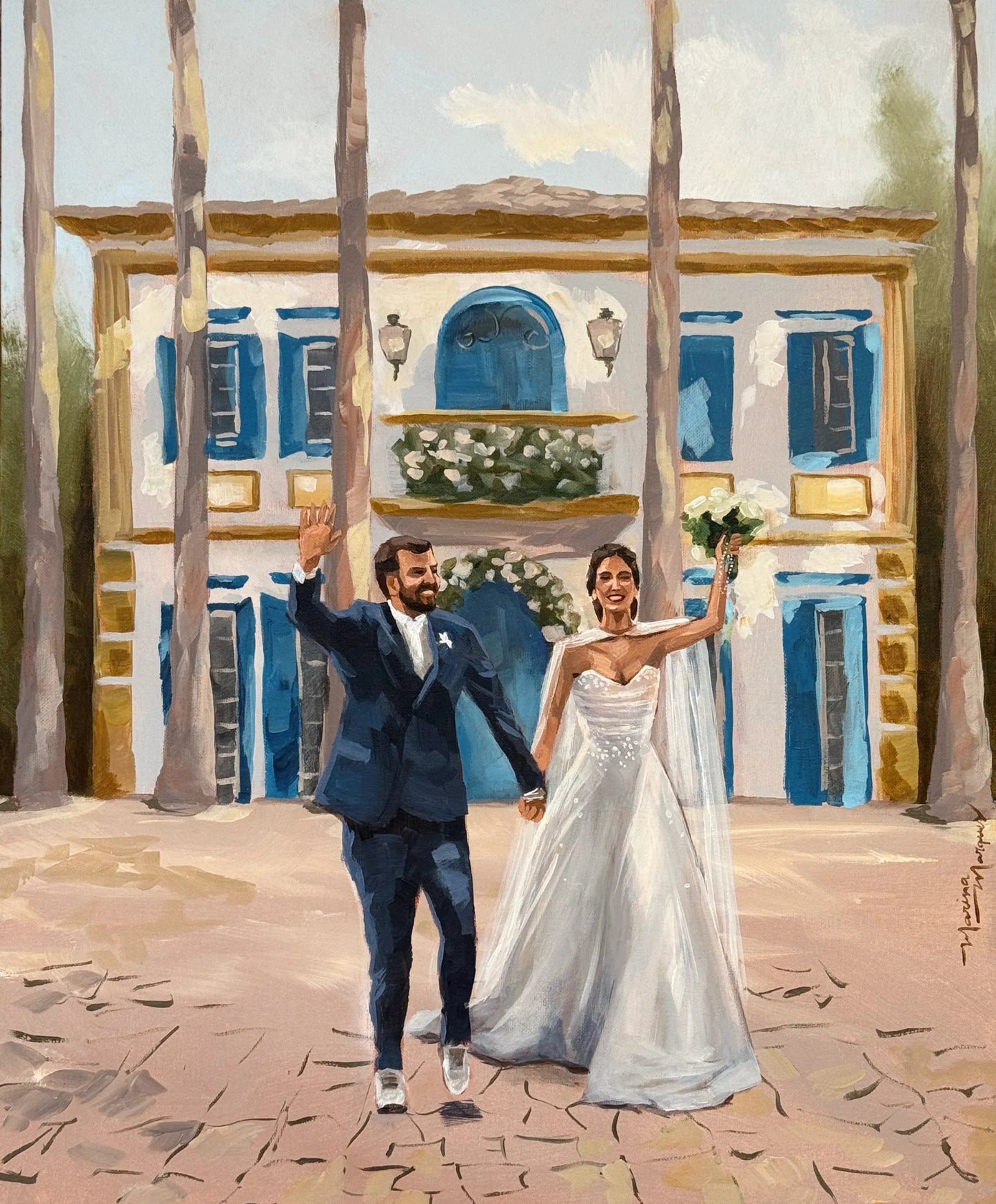 Quadro dos noivos em frente ao casarão sorrindo e noiva levantando o buquet