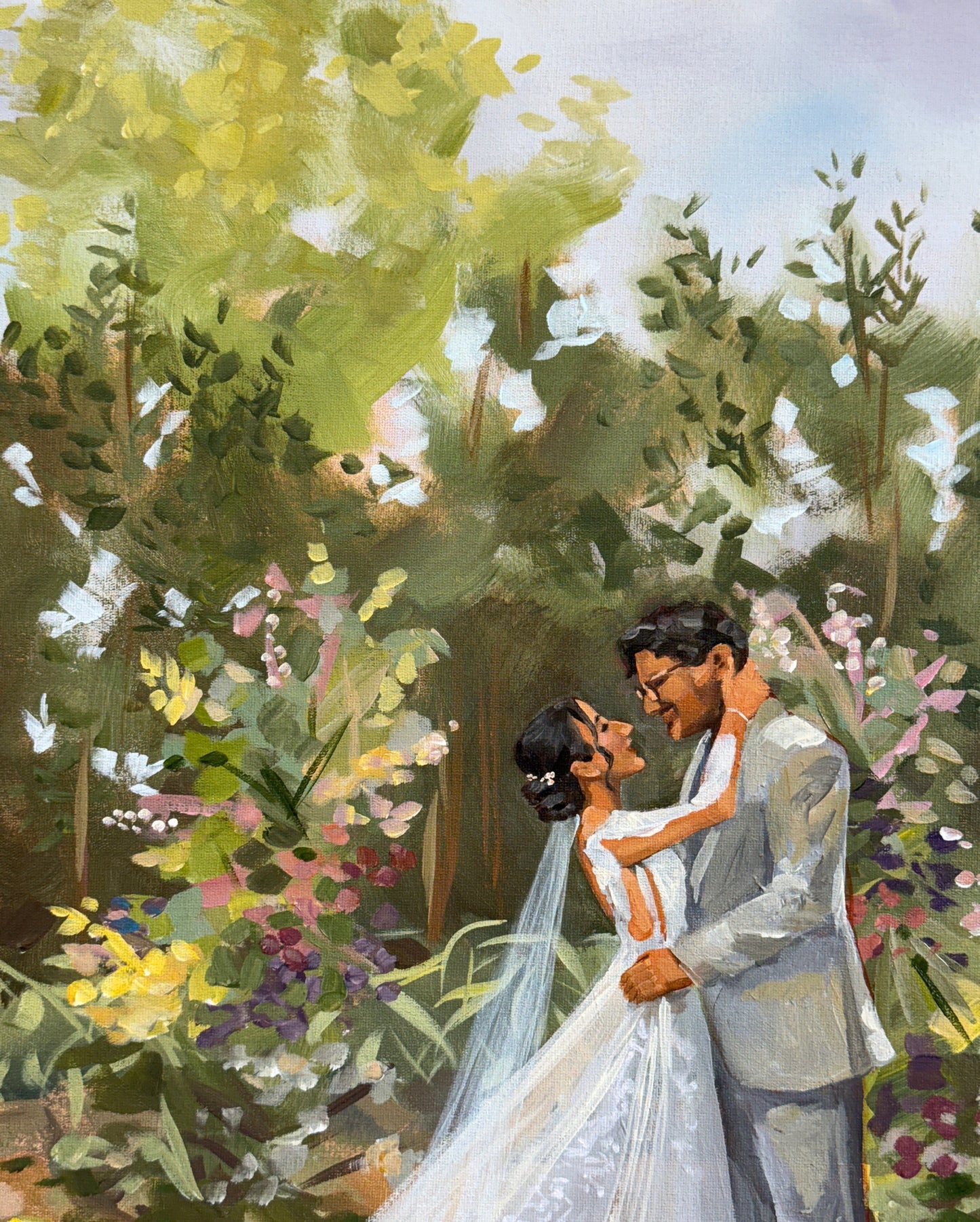 Pintura noivos ao ar livre.