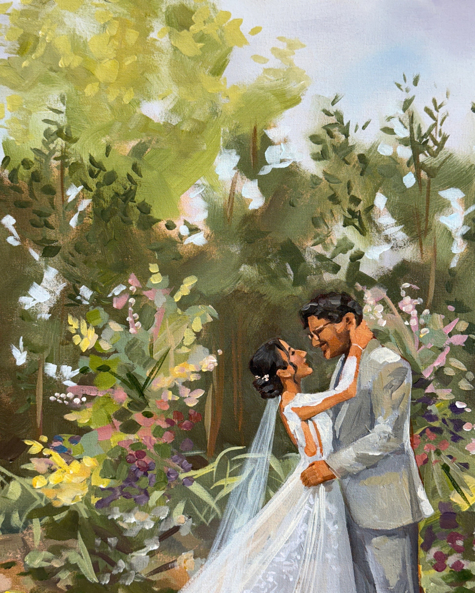 Pintura noivos ao ar livre.