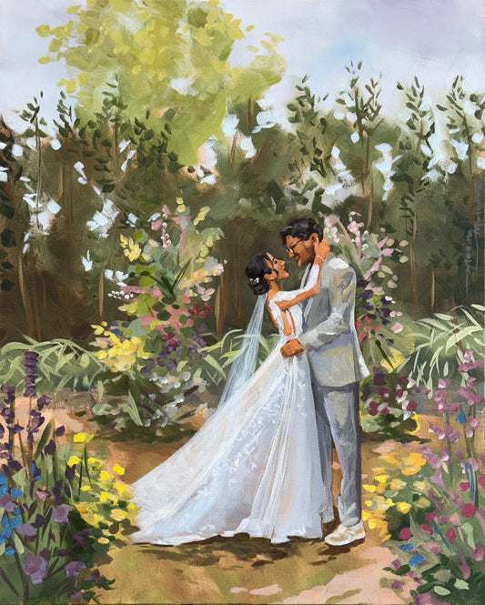 Pintura noivos ao ar livre.