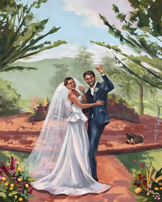Pintura de casamento com os noivos sorrindo e atrás flores em Itu SP - Fazenda Embauva Eventos