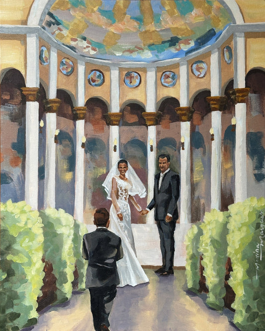 pintura de filho levando as alianças para seus pais no altar