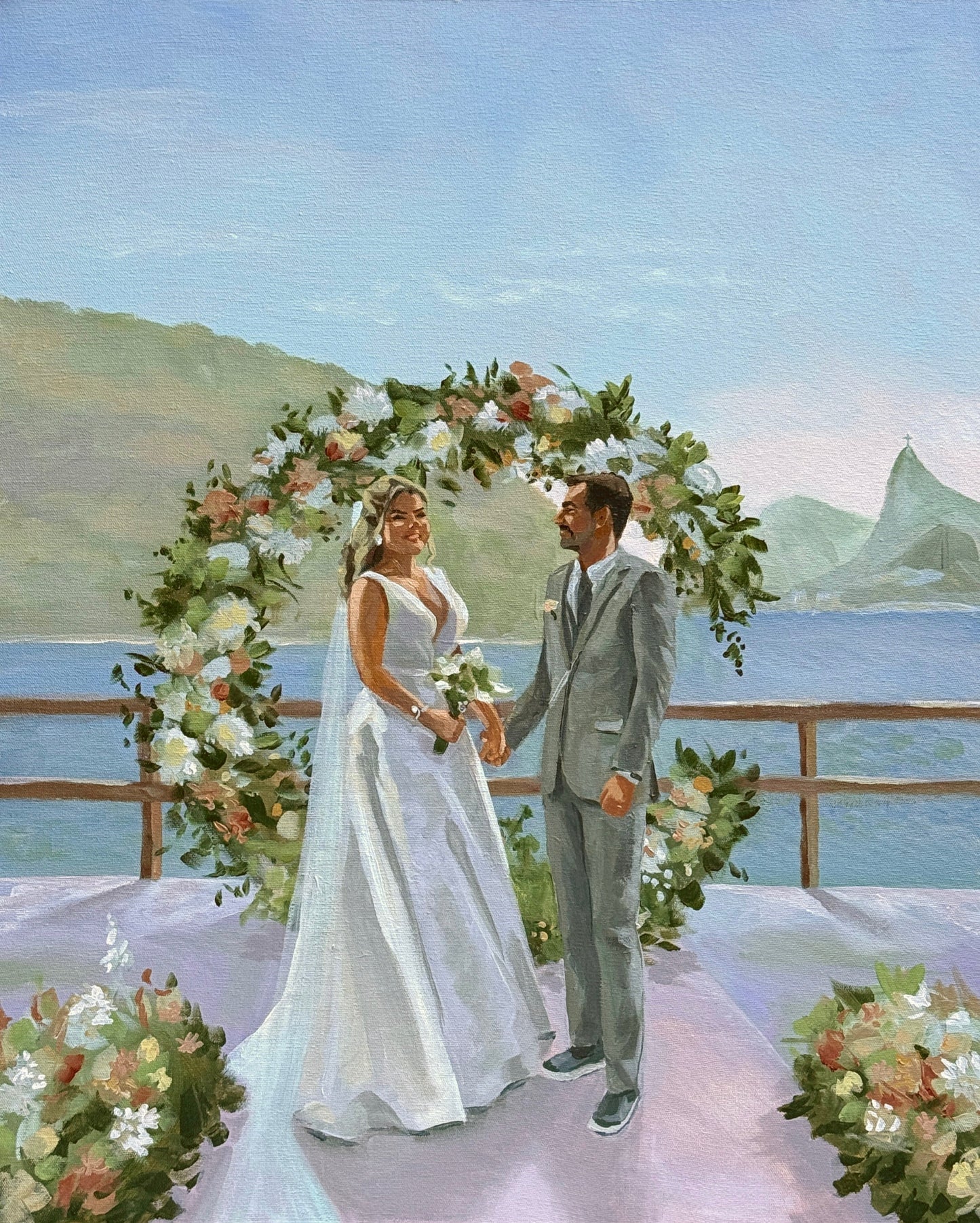 pintura noivos ao ar livre no altar