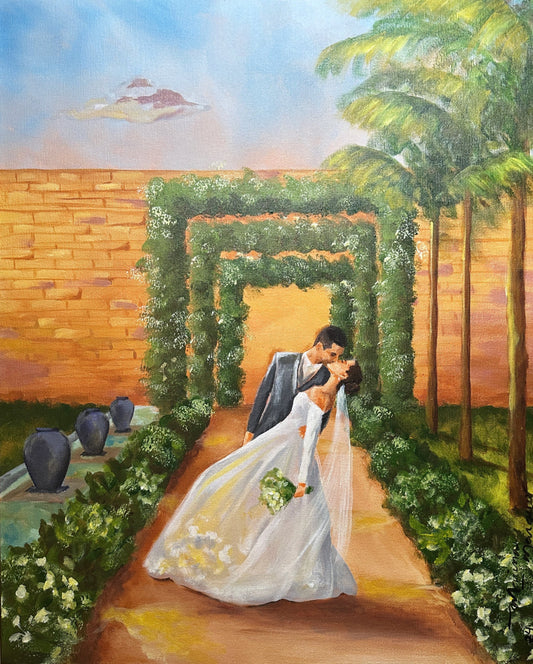 casal se beijando com bouquet na mão em pintura 