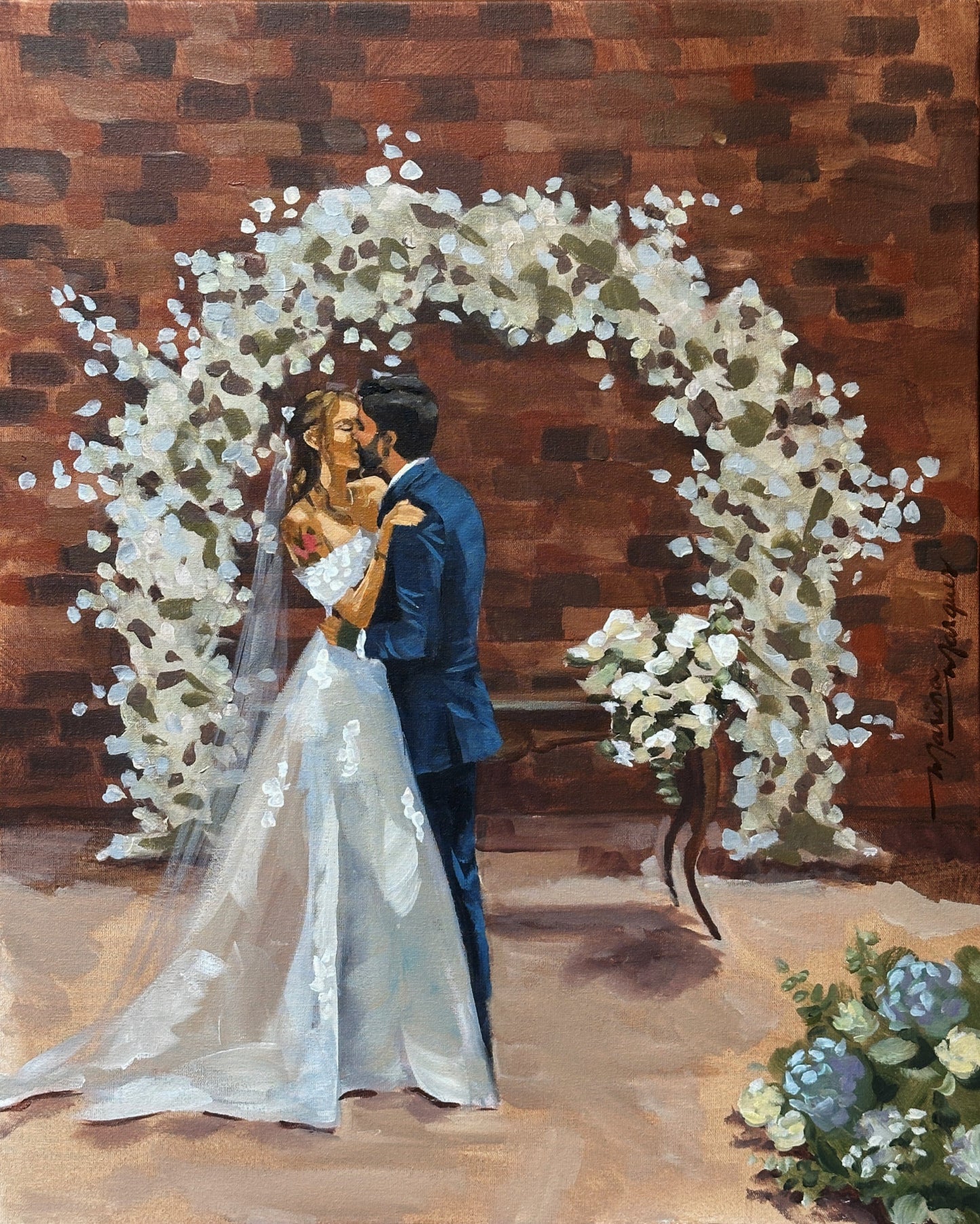 Pintura noivos se beijando no altar