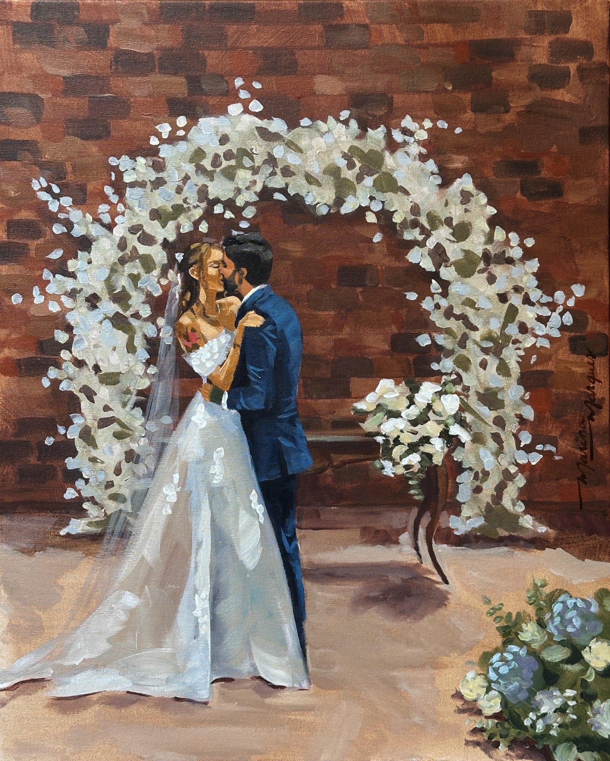 Pintura noivos se beijando no altar
