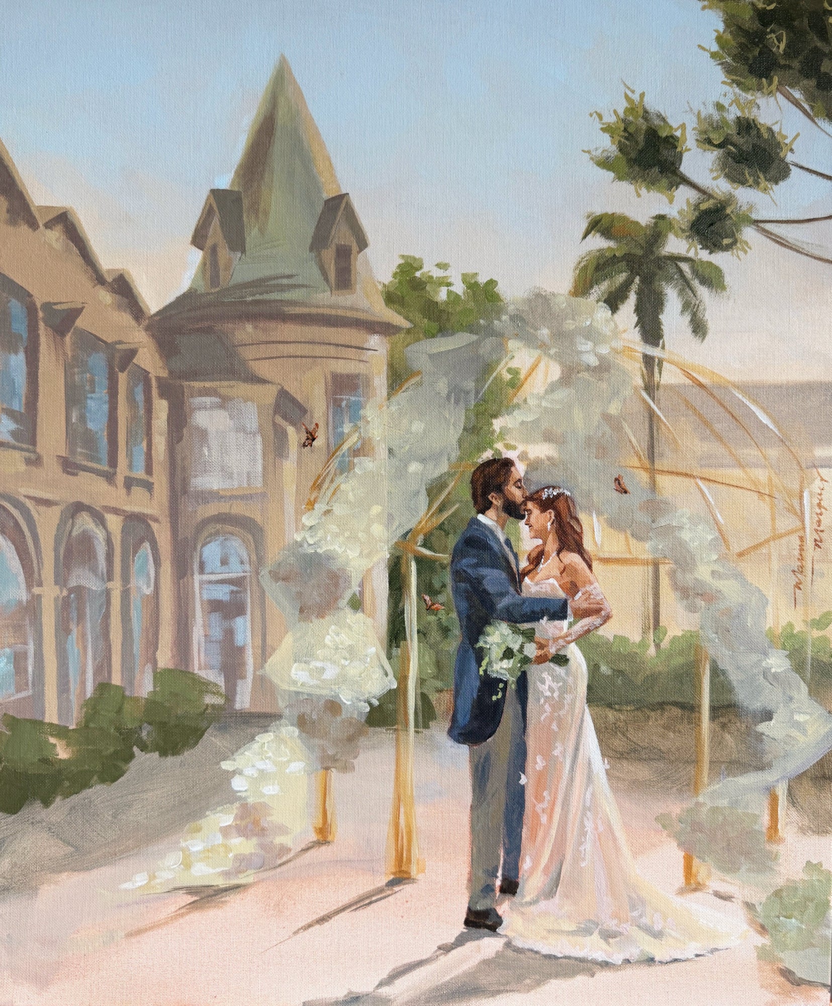 Pintura noivos ao ar livre.