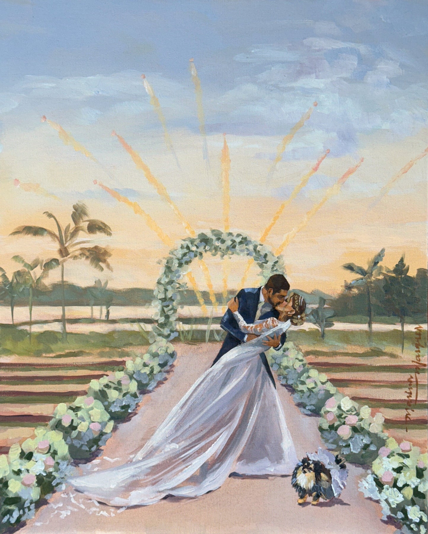 Pintura noivos se beijando no altar