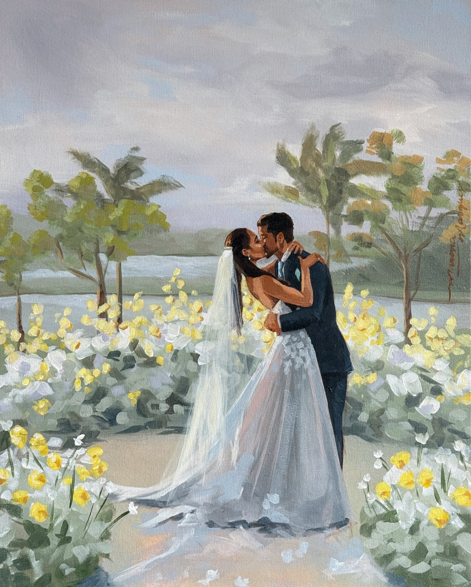 Pintura noivos se beijando