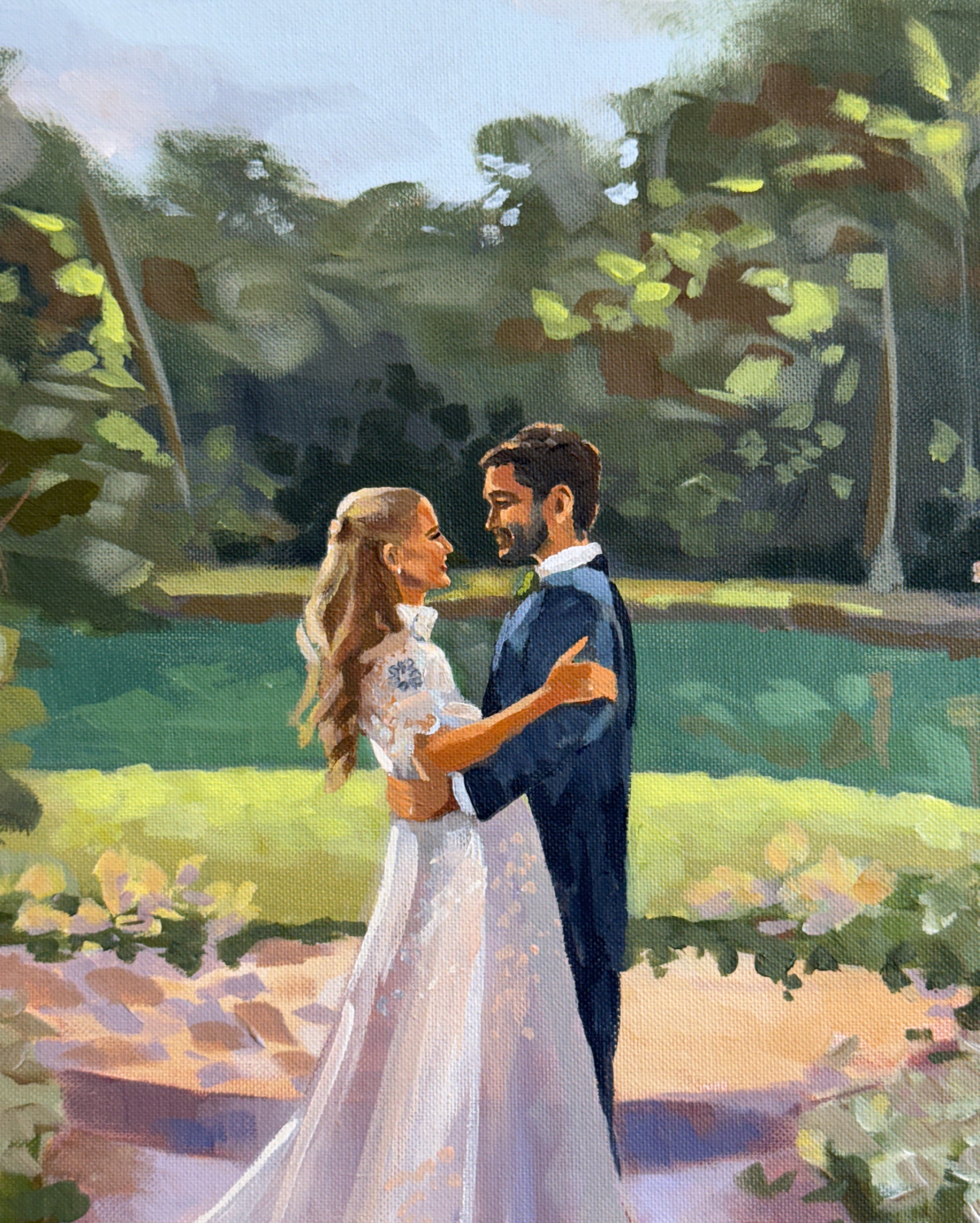 Pintura noivos ao ar livre.