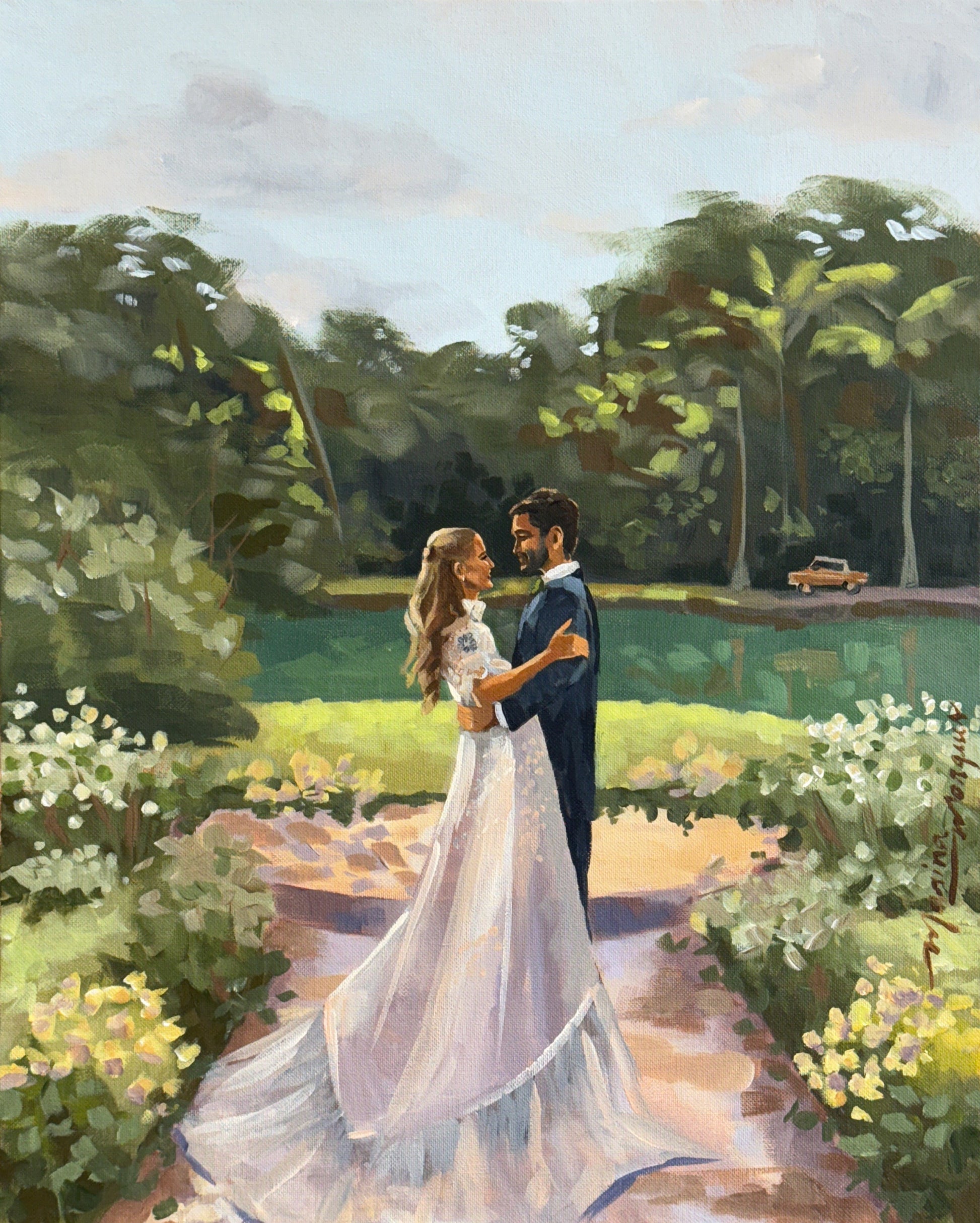 Pintura noivos ao ar livre.