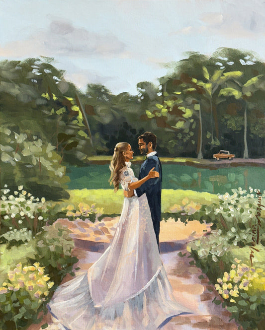 Pintura noivos ao ar livre.