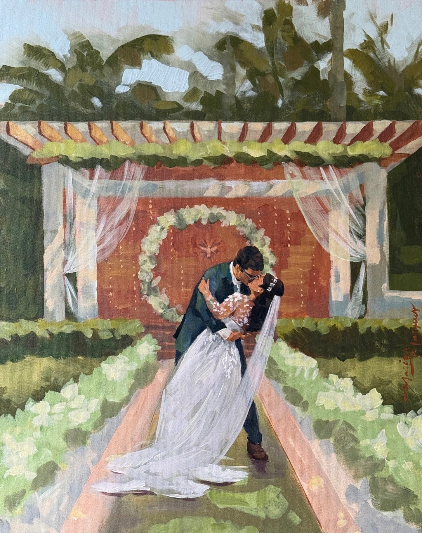 Pintura noivos se beijando no altar