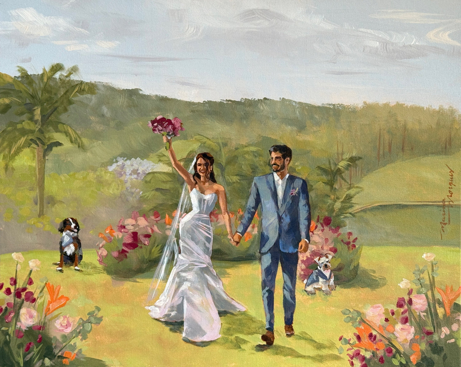 Pintura noivos ao ar livre.