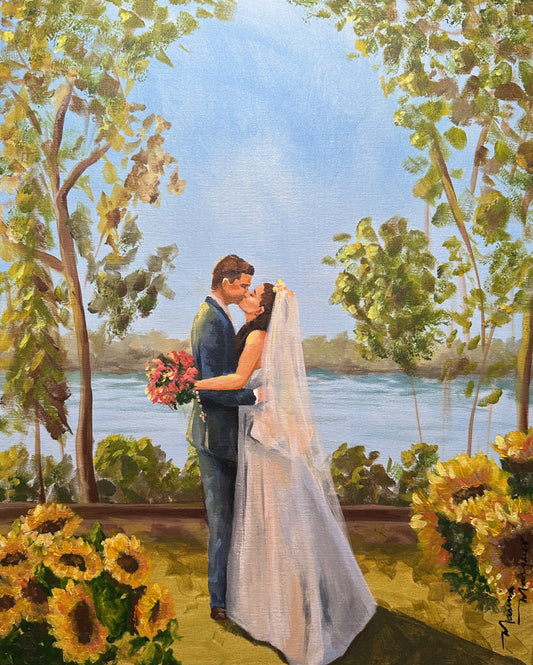 pintura ao vivo de casamento com girassóis e lago ao fundo