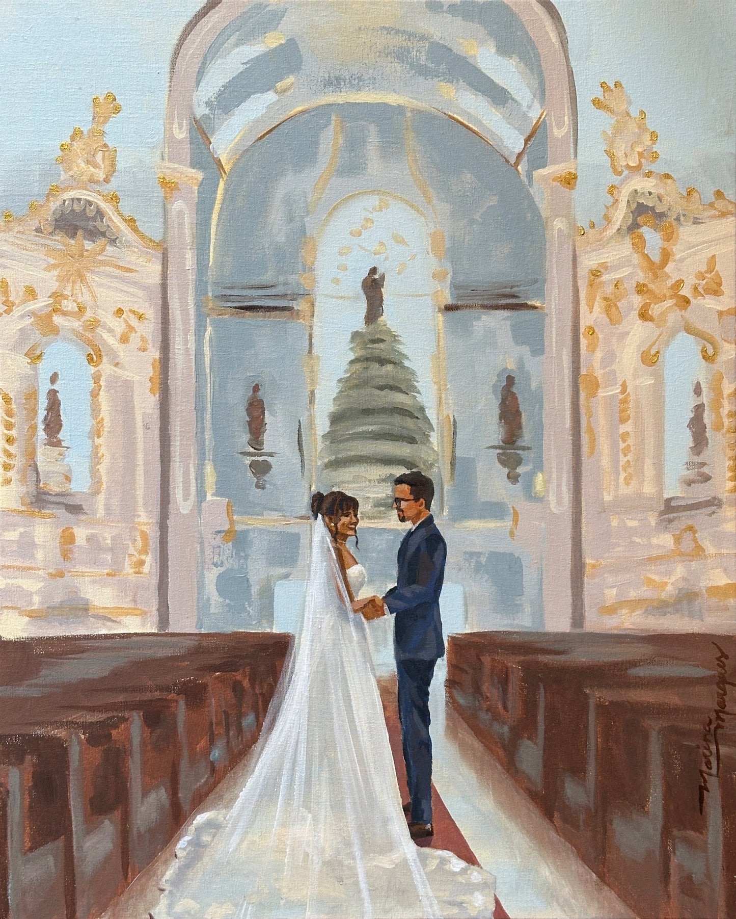 Pintura noivos na chegada do altar em igreja