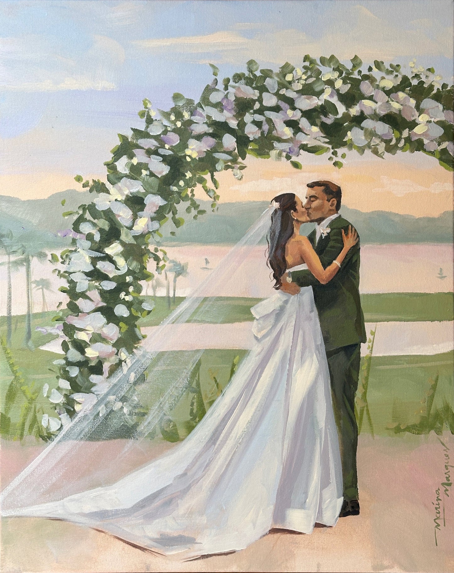 Pintura noivos se beijando ao ar livre