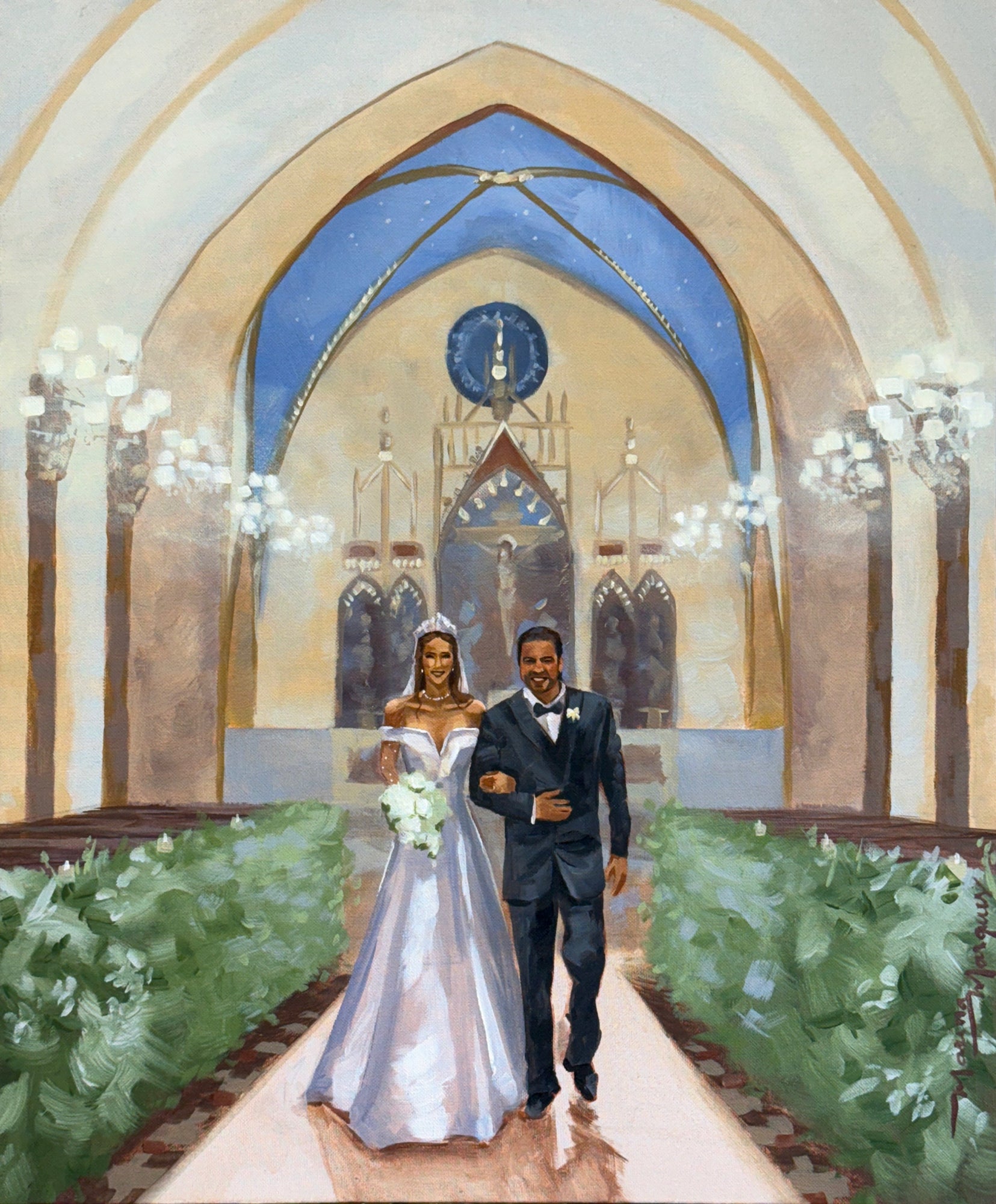 Pintura casamento de noivos na igreja