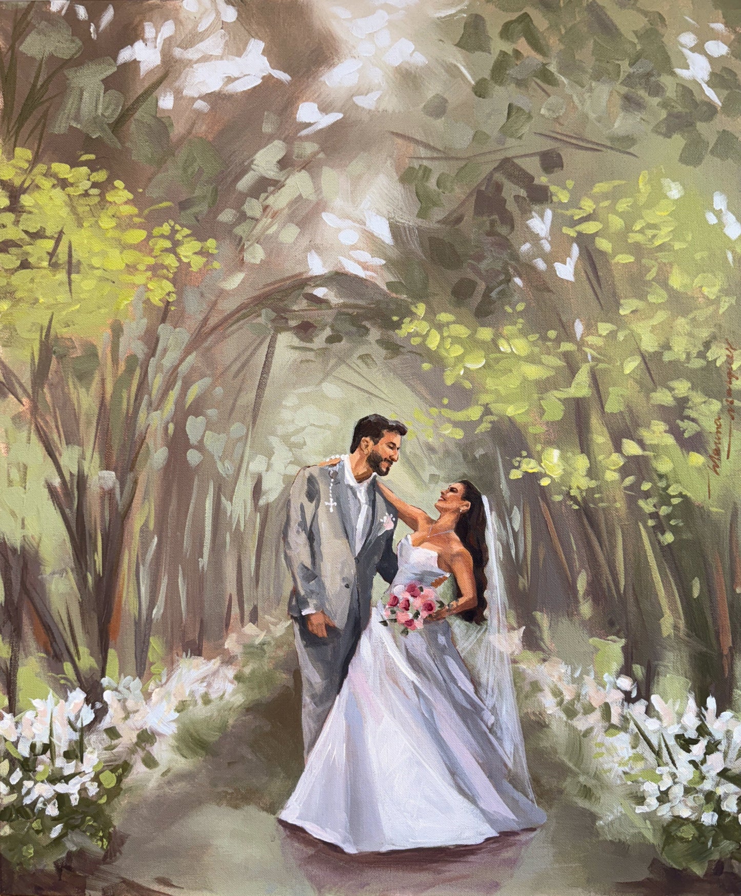 Pintura ao ar livre de noivos no casamento