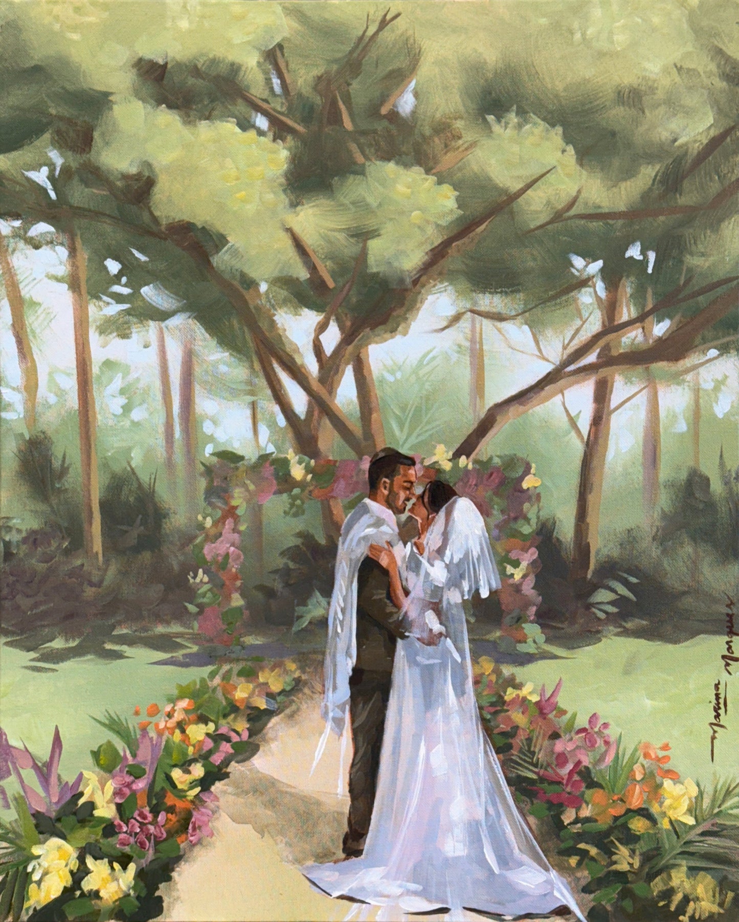 pintura ao ar livre noivos em casamento
