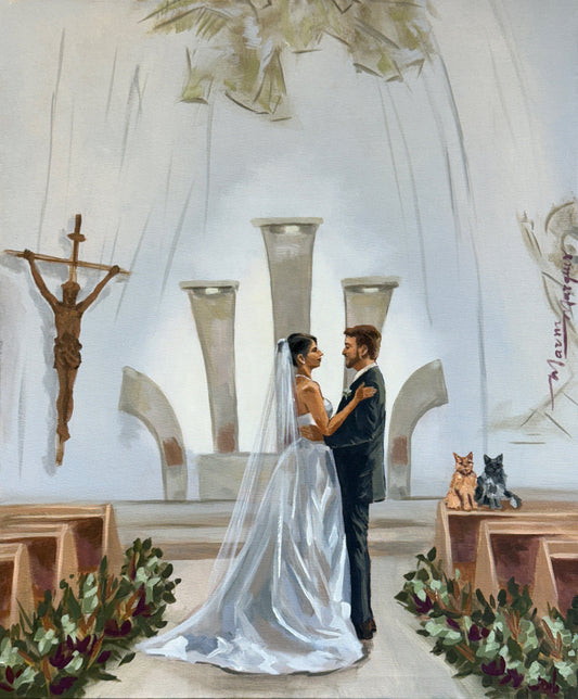 Pintura casamento de noivos em igreja