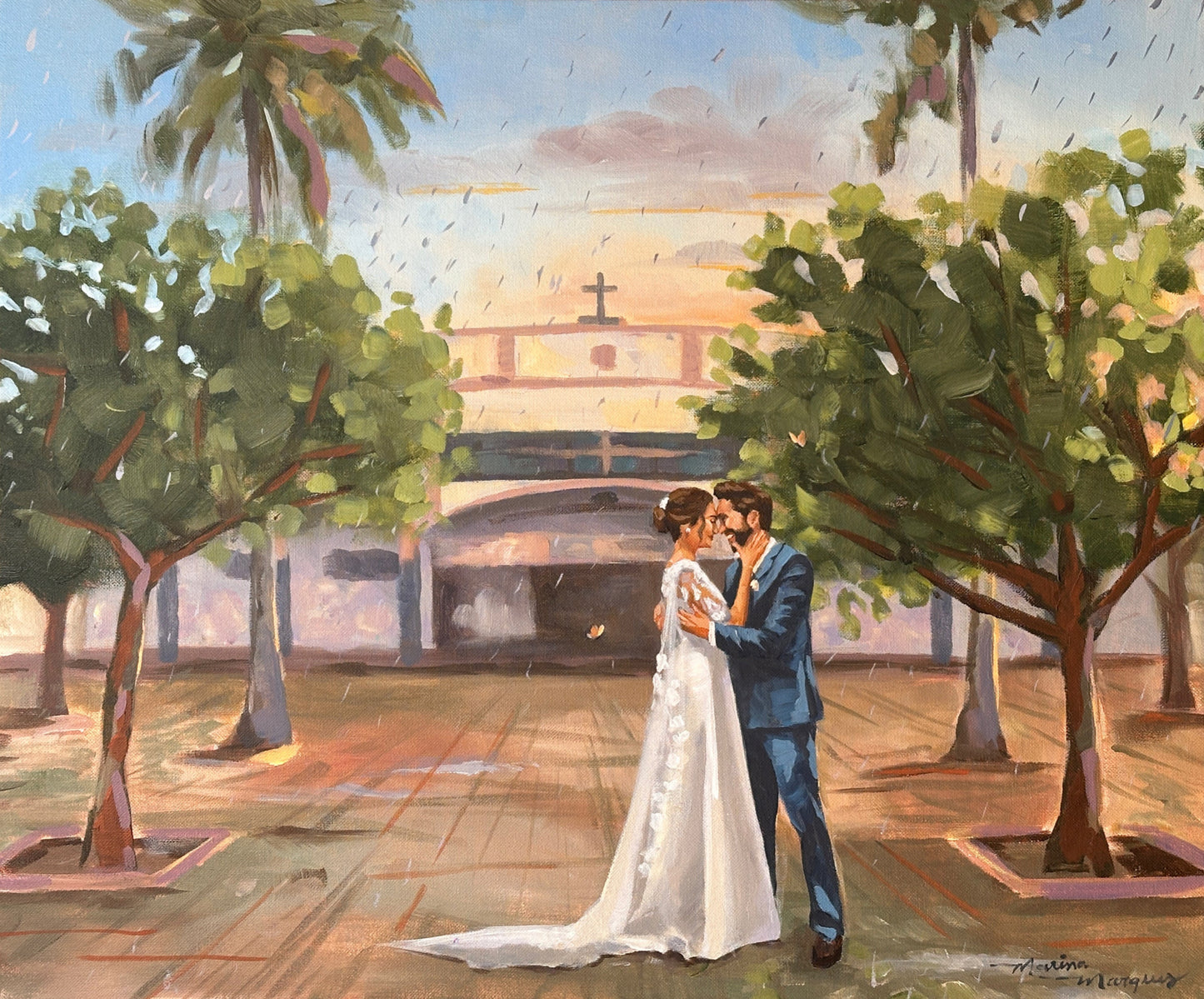 pintura noivos em frente a igreja