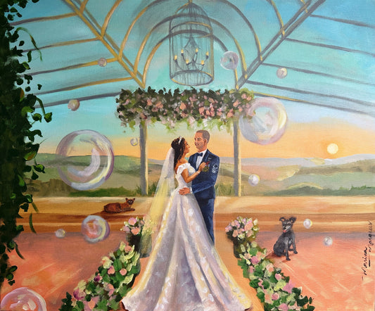 pintura em tela de casamento com bolhas de sabão