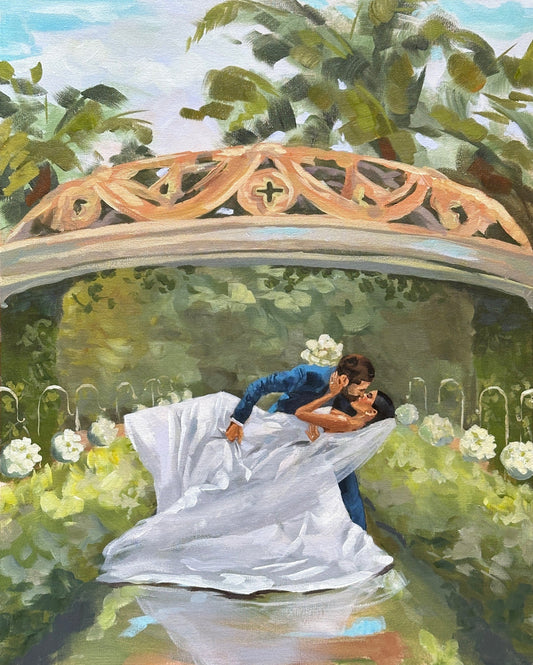 Pintura noivos se beijando ao ar livre