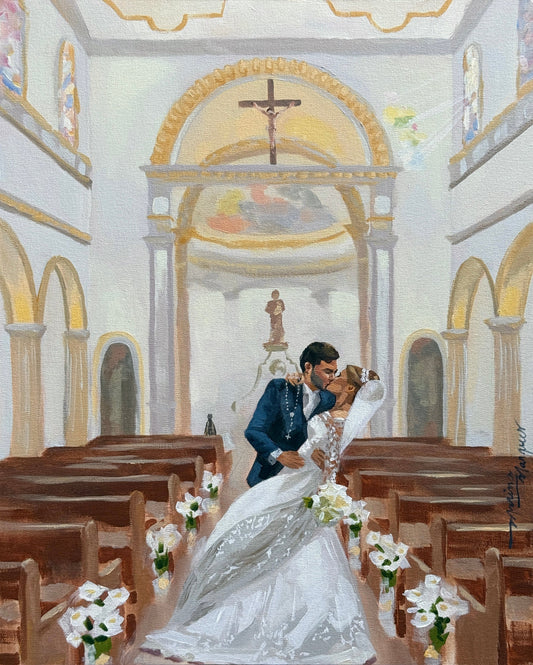 Pintura noivos se beijando em igreja
